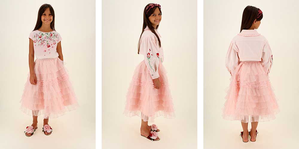 Eleganckie spódnice tiulowe dla dziewczynek, dłuuższe, do połowy łydki - wizytowe ubrania dla dzieci - kolekcja Monnalisa lato 2021